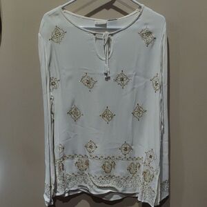 White And Gold Long Sleeve Poet Top Blouse